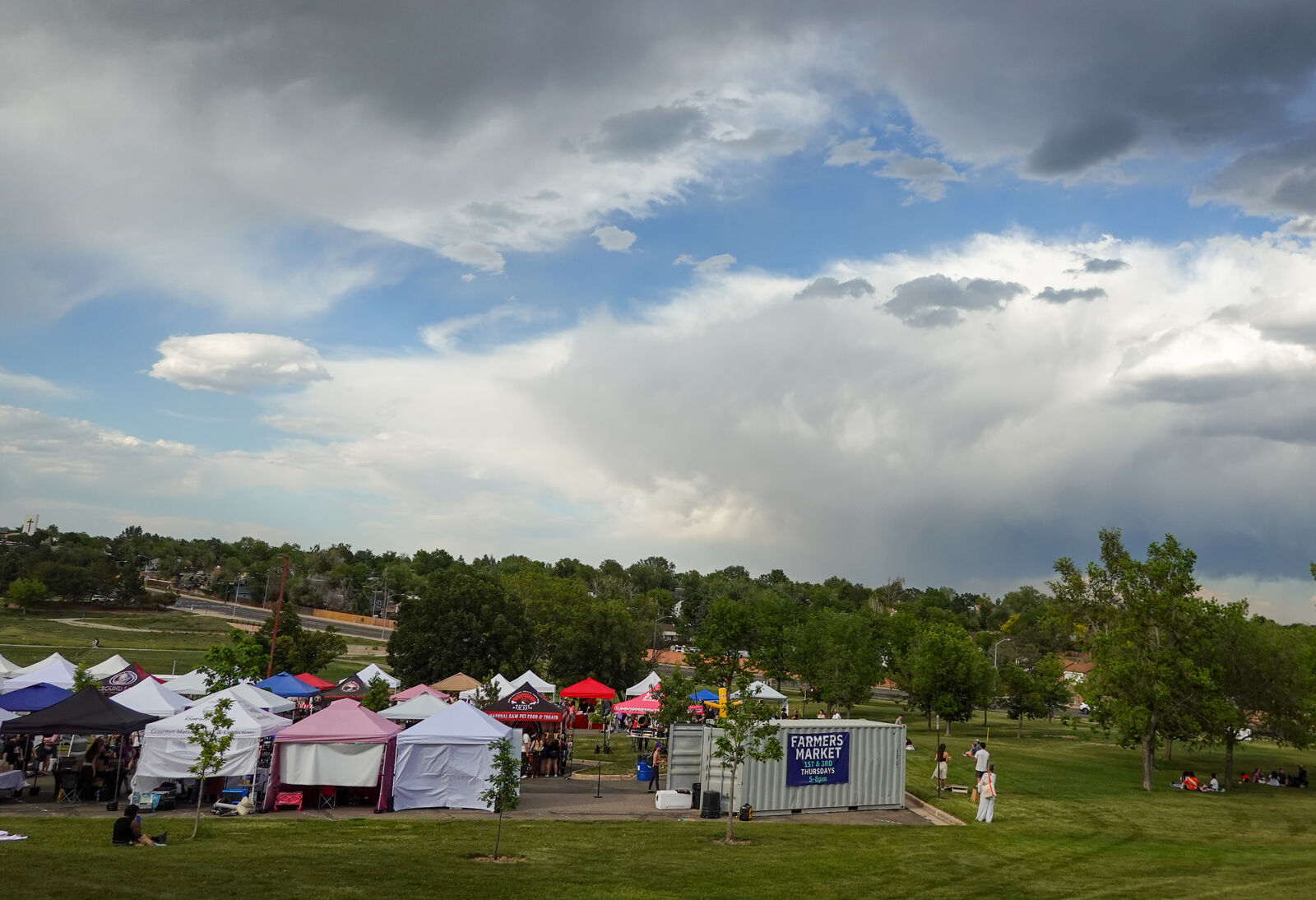 Evening sky over the market tents at Carpenter Park